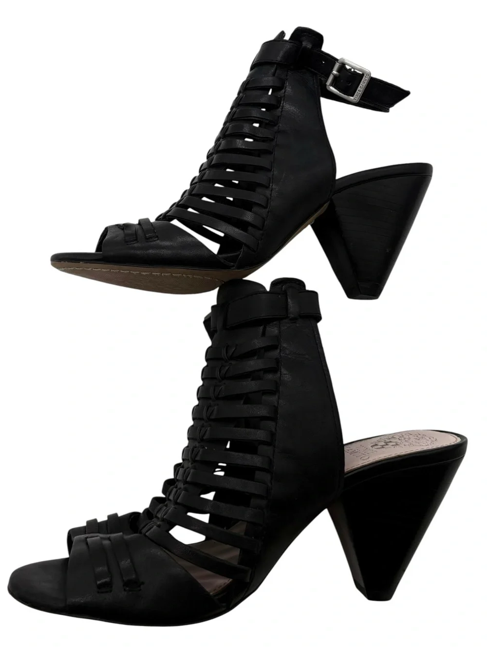 Vince Camuto Faelan Leather Ankle Strap Peep Toe Heel In Black Size 7.5